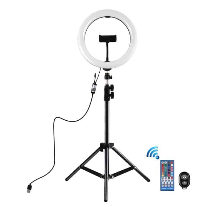 PULUZ 1,1 m Stativhalterung + 10,2 Zoll 26 cm gebogene Oberfläche RGBW-LED-Ring-Vlogging-Videoleuchte Live-Broadcast-Kits mit Fernbedienung und Telefonklemme – Bild 2