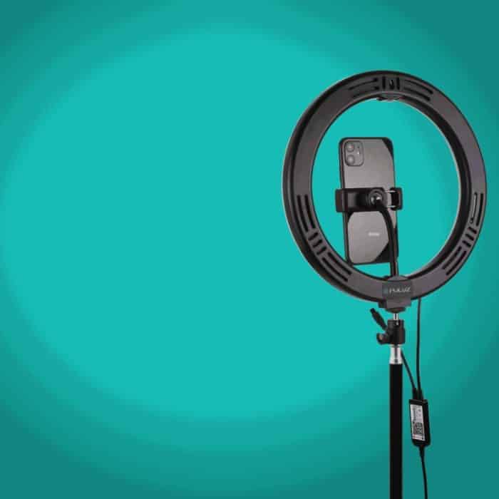 PULUZ 1,1 m Stativhalterung + 10,2 Zoll 26 cm gebogene Oberfläche RGBW-LED-Ring-Vlogging-Videoleuchte Live-Broadcast-Kits mit Fernbedienung und Telefonklemme – Bild 9