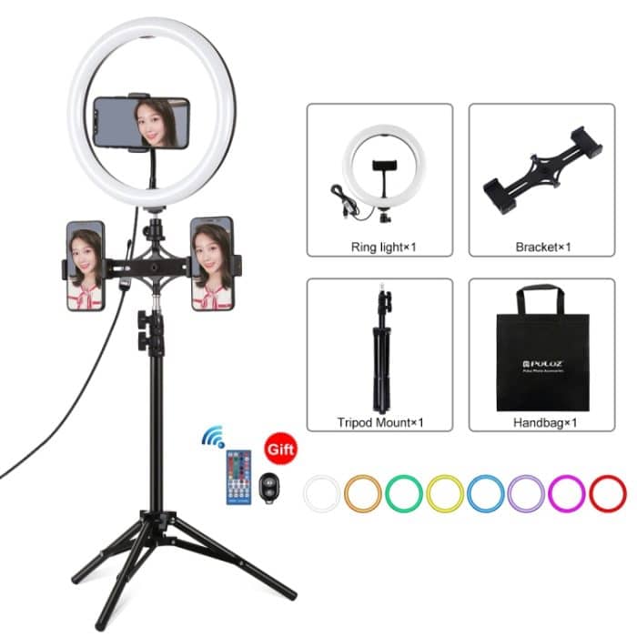 PULUZ 10,2 Zoll 26 cm RGBW-LED-Ringlicht mit gebogener Oberfläche + 1,1 m Stativhalterung + zwei horizontale Telefonhalterungen + Vlogging-Videolicht-Liveübertragungs-Kits mit Fernbedienung und Telefonklemme – Bild 1
