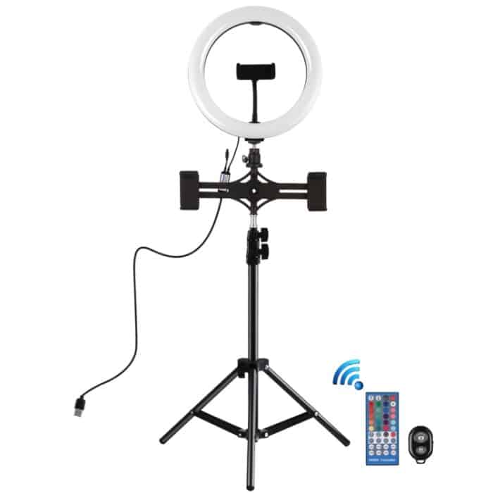 PULUZ 10,2 Zoll 26 cm RGBW-LED-Ringlicht mit gebogener Oberfläche + 1,1 m Stativhalterung + zwei horizontale Telefonhalterungen + Vlogging-Videolicht-Liveübertragungs-Kits mit Fernbedienung und Telefonklemme – Bild 2