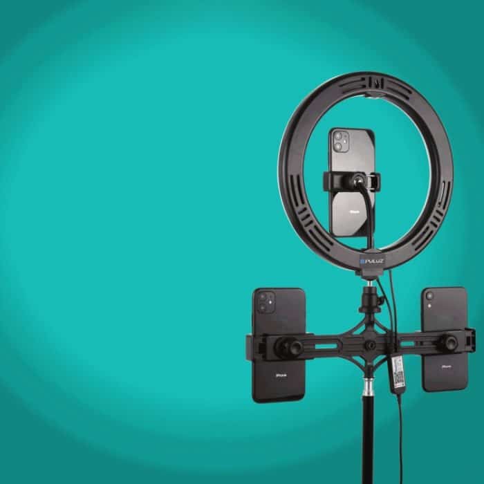 PULUZ 10,2 Zoll 26 cm RGBW-LED-Ringlicht mit gebogener Oberfläche + 1,1 m Stativhalterung + zwei horizontale Telefonhalterungen + Vlogging-Videolicht-Liveübertragungs-Kits mit Fernbedienung und Telefonklemme – Bild 9