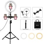 PULUZ Duale Telefonhalterungen, horizontaler Halter + 1,1 m Stativhalterung + 10,2 Zoll 26 cm LED-Ring, Vlogging-Videoleuchte, Live-Übertragungs-Kits