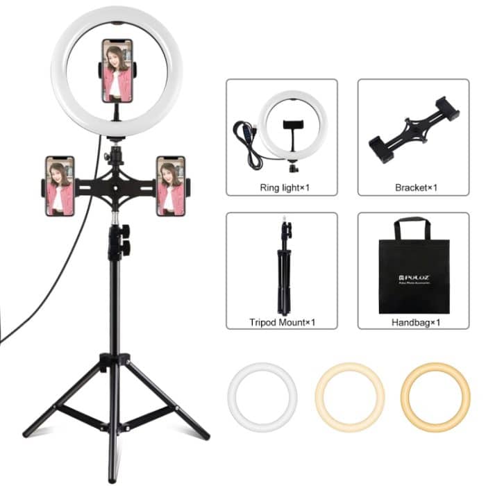 PULUZ Duale Telefonhalterungen, horizontaler Halter + 1,1 m Stativhalterung + 10,2 Zoll 26 cm LED-Ring, Vlogging-Videoleuchte, Live-Übertragungs-Kits – Bild 1