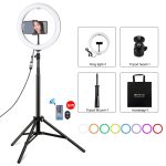 PULUZ 10,2 Zoll 26 cm RGBW-Licht + 1,65 m Stativhalterung mit gebogener Oberfläche USB RGBW Dimmbare LED-Ring-Vlogging-Videoleuchte Live-Übertragungskits mit Kaltschuh-Stativ-Kugelkopf & Telefonklemme & Fernbedienung, 10.2 inch RGBW+1.65m Tripod