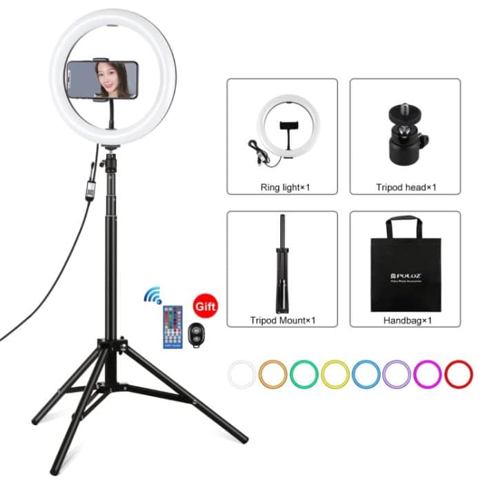 PULUZ 10,2 Zoll 26 cm RGBW-Licht + 1,65 m Stativhalterung mit gebogener Oberfläche USB RGBW Dimmbare LED-Ring-Vlogging-Videoleuchte Live-Übertragungskits mit Kaltschuh-Stativ-Kugelkopf & Telefonklemme & Fernbedienung, 10.2 inch RGBW+1.65m Tripod – Bild 1