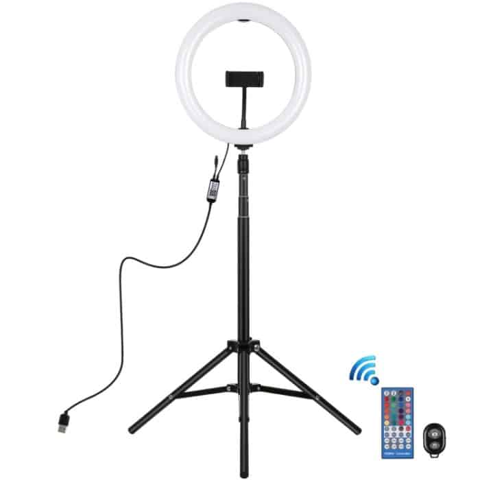 PULUZ 10,2 Zoll 26 cm RGBW-Licht + 1,65 m Stativhalterung mit gebogener Oberfläche USB RGBW Dimmbare LED-Ring-Vlogging-Videoleuchte Live-Übertragungskits mit Kaltschuh-Stativ-Kugelkopf & Telefonklemme & Fernbedienung, 10.2 inch RGBW+1.65m Tripod – Bild 2