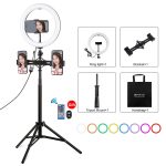 PULUZ 10,2 Zoll 26 cm RGBW-Licht + 1,65 m Stativhalterung + Duale Telefonhalterung mit gebogener Oberfläche USB RGBW Dimmbarer LED-Ring Selfie Beauty Vlogging Videolicht Live-Übertragungskits mit Kaltschuh-Stativ-Kugelkopf & Telefonklemme & Fernbedienu...