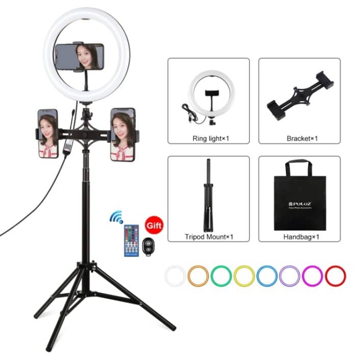 PULUZ 10,2 Zoll 26 cm RGBW-Licht + 1,65 m Stativhalterung + Duale Telefonhalterung mit gebogener Oberfläche USB RGBW Dimmbarer LED-Ring Selfie Beauty Vlogging Videolicht Live-Übertragungskits mit Kaltschuh-Stativ-Kugelkopf & Telefonklemme & Fernbedienu... – Bild 1