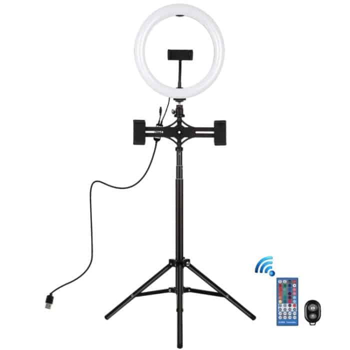 PULUZ 10,2 Zoll 26 cm RGBW-Licht + 1,65 m Stativhalterung + Duale Telefonhalterung mit gebogener Oberfläche USB RGBW Dimmbarer LED-Ring Selfie Beauty Vlogging Videolicht Live-Übertragungskits mit Kaltschuh-Stativ-Kugelkopf & Telefonklemme & Fernbedienu... – Bild 2