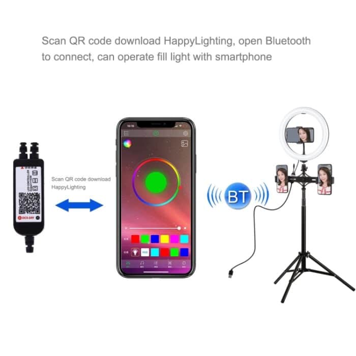 PULUZ 10,2 Zoll 26 cm RGBW-Licht + 1,65 m Stativhalterung + Duale Telefonhalterung mit gebogener Oberfläche USB RGBW Dimmbarer LED-Ring Selfie Beauty Vlogging Videolicht Live-Übertragungskits mit Kaltschuh-Stativ-Kugelkopf & Telefonklemme & Fernbedienu... – Bild 6