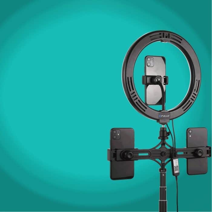 PULUZ 10,2 Zoll 26 cm RGBW-Licht + 1,65 m Stativhalterung + Duale Telefonhalterung mit gebogener Oberfläche USB RGBW Dimmbarer LED-Ring Selfie Beauty Vlogging Videolicht Live-Übertragungskits mit Kaltschuh-Stativ-Kugelkopf & Telefonklemme & Fernbedienu... – Bild 9