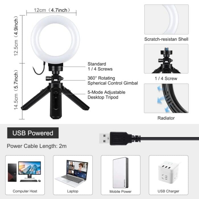 PULUZ 4,7 Zoll 12 cm USB 3 Modi Dimmbare LED-Ring-Vlogging-Fotografie-Videoleuchten + Taschenstativ-Montagesatz mit Kaltschuh-Stativ-Kugelkopf, 4.7 inch Light+Pocket Tripod – Bild 2