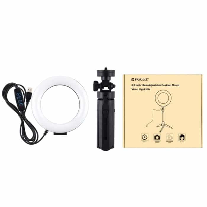 PULUZ 6,2 Zoll 16 cm USB 3 Modi Dimmbare LED-Ring-Vlogging-Fotografie-Videoleuchten + Taschenstativ-Montagesatz mit Kaltschuh-Stativ-Kugelkopf, 6.2 inch Light+Pocket Tripod – Bild 11