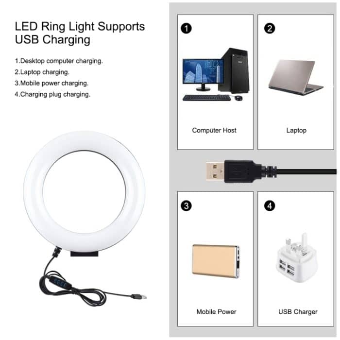 PULUZ 6,2 Zoll 16 cm USB 3 Modi Dimmbare LED-Ring-Vlogging-Fotografie-Videoleuchten + Taschenstativ-Montagesatz mit Kaltschuh-Stativ-Kugelkopf, 6.2 inch Light+Pocket Tripod – Bild 5