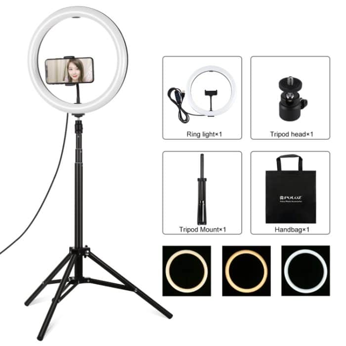 PULUZ 11,8 Zoll 30 cm Licht + 1,65 m Stativhalterung, gebogene Oberfläche, USB, 3 Modi, dimmbar, Dual-Farbtemperatur, LED-Ring, Vlogging, Videoleuchte, Live-Übertragungs-Sets mit Telefonklemme, 11.8 inch+1.65m Tripod – Bild 1