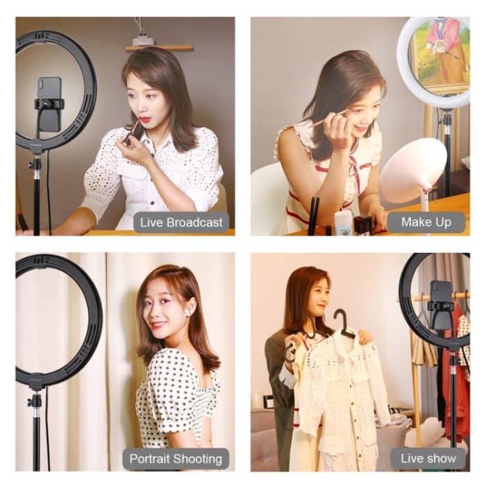 PULUZ 11,8 Zoll 30 cm Licht + 1,1 m Stativhalterung, gebogene Oberfläche, USB, 3 Modi, dimmbar, Dual-Farbtemperatur-LED-Ring, Vlogging-Videoleuchte, Live-Übertragungs-Sets mit Telefonklemme, 11.8 inch+1.1m Tripod – Bild 11