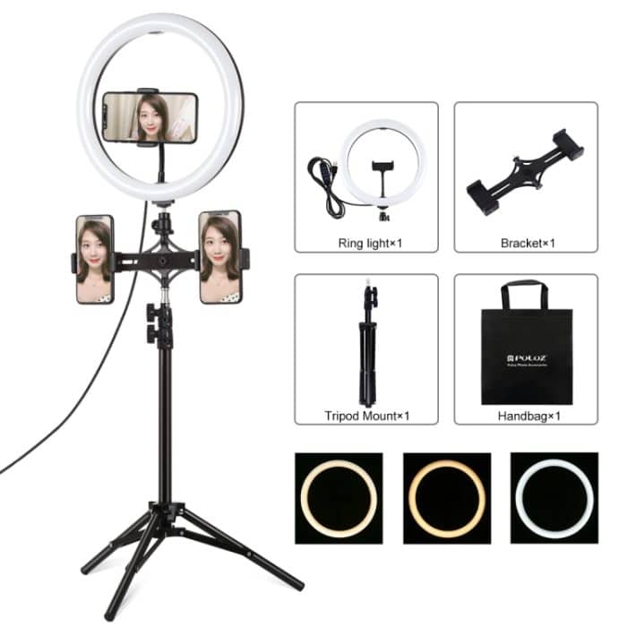PULUZ 11,8 Zoll 30 cm Licht + 1,1 m Stativhalterung + zwei Telefonhalterungen, gebogene Oberfläche, USB, 3 Modi, dimmbar, Dual-Farbtemperatur, LED-Ring, Vlogging, Videoleuchte, Live-Übertragungs-Sets mit Telefonklemme, 11.8 inch+1.1m Tripod+Dual Bracket – Bild 1