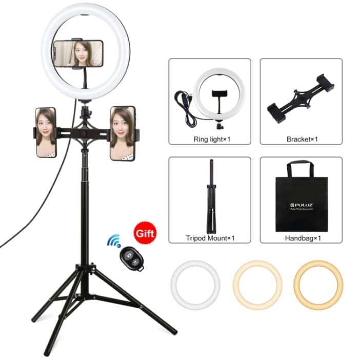 PULUZ 1,65 m Stativhalterung + Duale Telefonhalterungen + 10,2 Zoll 26 cm gebogene Oberfläche USB 3 Modi Dimmbarer Dual-Farbtemperatur-Ring Selfie-Vlogging-Videoleuchte Live-Übertragungs-Kits mit Telefonklemme und Selfie-Fernbedienung... – Bild 1