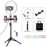 PULUZ 11,8 Zoll 30 cm RGBW-Licht + 1,1 m Stativhalterung + zwei Telefonhalterungen + RGB-dimmbare LED mit zwei Farbtemperaturen und gebogener Oberfläche, LED-Ring, Selfie-Vlogging-Videoleuchte, Live-Broadcast-Kits mit Kaltschuh-Stativ-Kugelkopf, Telefo...