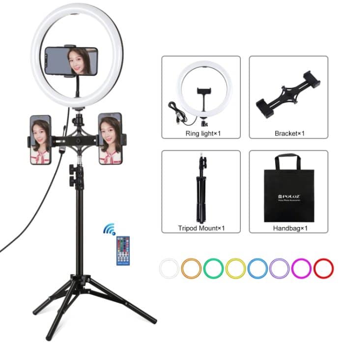 PULUZ 11,8 Zoll 30 cm RGBW-Licht + 1,1 m Stativhalterung + zwei Telefonhalterungen + RGB-dimmbare LED mit zwei Farbtemperaturen und gebogener Oberfläche, LED-Ring, Selfie-Vlogging-Videoleuchte, Live-Broadcast-Kits mit Kaltschuh-Stativ-Kugelkopf, Telefo... – Bild 1