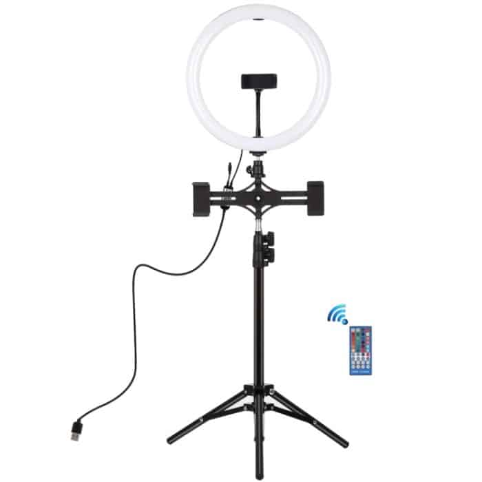 PULUZ 11,8 Zoll 30 cm RGBW-Licht + 1,1 m Stativhalterung + zwei Telefonhalterungen + RGB-dimmbare LED mit zwei Farbtemperaturen und gebogener Oberfläche, LED-Ring, Selfie-Vlogging-Videoleuchte, Live-Broadcast-Kits mit Kaltschuh-Stativ-Kugelkopf, Telefo... – Bild 2