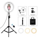 PULUZ 10,2 Zoll 26 cm Ringlicht + 1,1 m Stativhalterung, USB, 3 Modi, dimmbar, Dual-Farbtemperatur-LED, gebogenes diffuses Licht, Vlogging, Selfie-Fotografie, Videoleuchten mit Telefonklemme und Selfie-Fernbedienung, 10.2 inch+1.1m Tripod