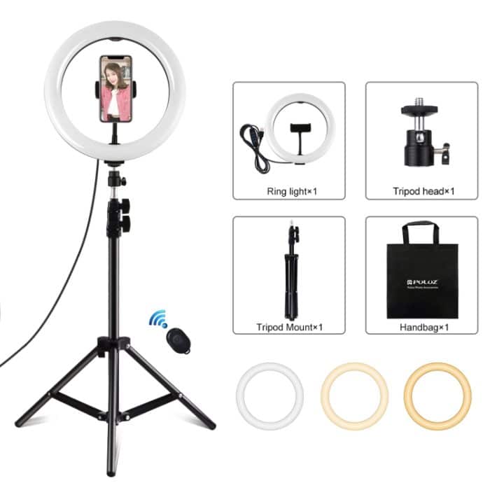 PULUZ 10,2 Zoll 26 cm Ringlicht + 1,1 m Stativhalterung, USB, 3 Modi, dimmbar, Dual-Farbtemperatur-LED, gebogenes diffuses Licht, Vlogging, Selfie-Fotografie, Videoleuchten mit Telefonklemme und Selfie-Fernbedienung, 10.2 inch+1.1m Tripod – Bild 1