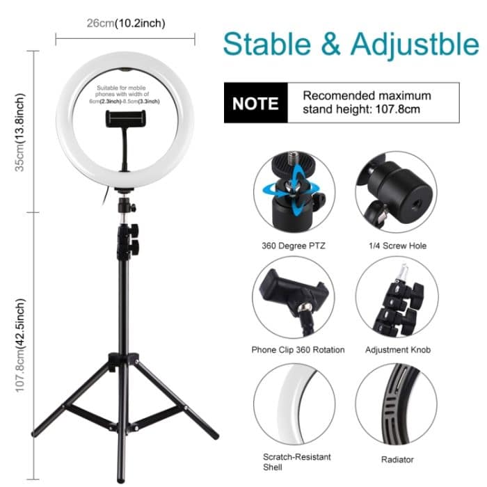 PULUZ 10,2 Zoll 26 cm Ringlicht + 1,1 m Stativhalterung, USB, 3 Modi, dimmbar, Dual-Farbtemperatur-LED, gebogenes diffuses Licht, Vlogging, Selfie-Fotografie, Videoleuchten mit Telefonklemme und Selfie-Fernbedienung, 10.2 inch+1.1m Tripod – Bild 3