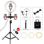 PULUZ 10,2 Zoll 26 cm Licht + 1,1 m Stativhalterung + Duale Telefonhalterungen USB 3 Modi Dimmbare Dual-Farbtemperatur LED gebogener diffuser Lichtring Vlogging Selfie Fotografie Videoleuchten mit Telefonklemme und Selfie-Fernbedienung...