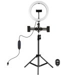 PULUZ 10,2 Zoll 26 cm Licht + 1,1 m Stativhalterung + Duale Telefonhalterungen USB 3 Modi Dimmbare Dual-Farbtemperatur LED gebogener diffuser Lichtring Vlogging Selfie Fotografie Videoleuchten mit Telefonklemme und Selfie-Fernbedienung... – Bild 2