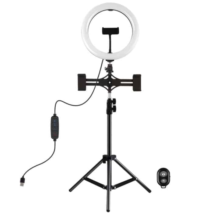 PULUZ 10,2 Zoll 26 cm Licht + 1,1 m Stativhalterung + Duale Telefonhalterungen USB 3 Modi Dimmbare Dual-Farbtemperatur LED gebogener diffuser Lichtring Vlogging Selfie Fotografie Videoleuchten mit Telefonklemme und Selfie-Fernbedienung... – Bild 2