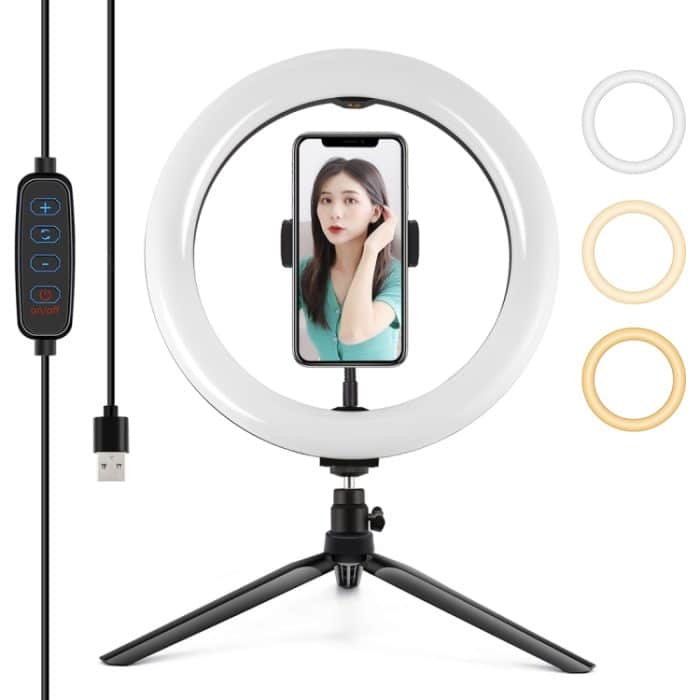 PKT3071B.jpg PULUZ 10,2 Zoll 26 cm Selfie Beauty Light + Desktop-Stativhalterung USB 3 Modi Dimmbarer LED-Ring Vlogging Selfie Fotografie Videoleuchten mit Kaltschuh-Stativ-Kugelkopf und Telefonklemme, 10.2 inch+ Desktop Tripod, Tripod Mount + 10.2 inch – Bild 1