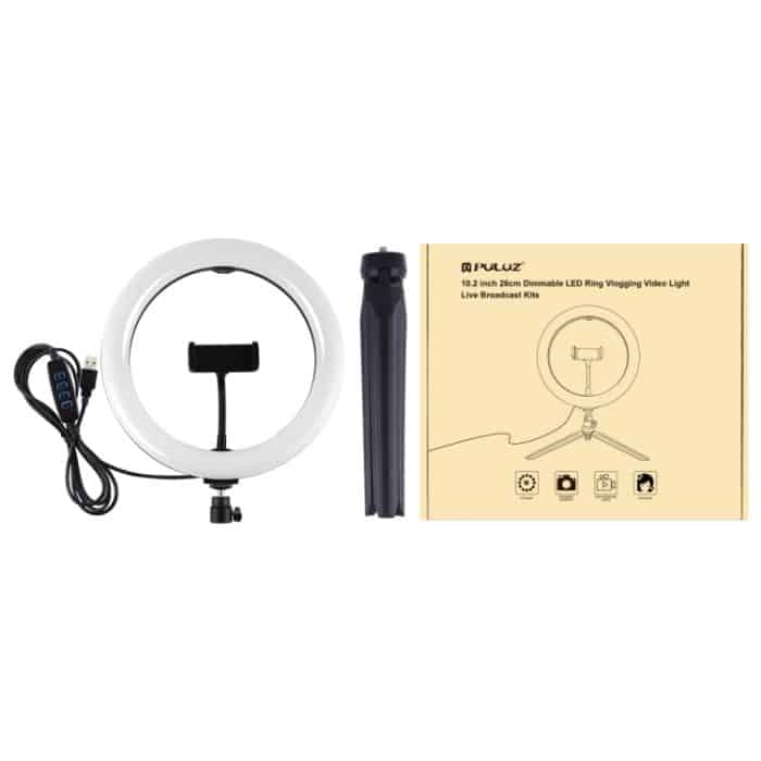 PULUZ 10,2 Zoll 26 cm Selfie Beauty Light + Desktop-Stativhalterung USB 3 Modi Dimmbarer LED-Ring Vlogging Selfie Fotografie Videoleuchten mit Kaltschuh-Stativ-Kugelkopf und Telefonklemme, 10.2 inch+ Desktop Tripod, Tripod Mount + 10.2 inch – Bild 12