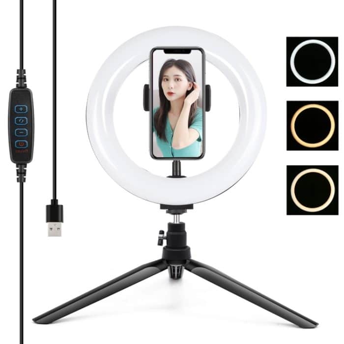 PULUZ 7,9 Zoll 20 cm Licht + Desktop-Stativhalterung USB 3 Modi Dimmbare Dual-Farbtemperatur LED gebogener Lichtring Vlogging Selfie Beauty Fotografie Videoleuchten mit Telefonklemme, 7.9 inch + Desktop Tripod, 7.9 inch+Tripod – Bild 1