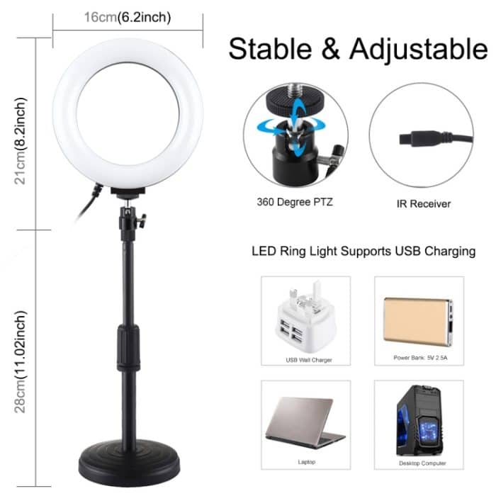 PULUZ 6,2 Zoll 16 cm RGBW-Licht + Desktop-Halterung mit rundem Sockel, dimmbare USB-LED-Ring-Vlogging-Fotografie-Videoleuchten mit Kaltschuh-Stativ-Kugelkopf und Fernbedienung, Desktop Mount + 6.2 inch RGBW / Remote – Bild 3