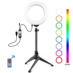 PULUZ 6,2 Zoll 16 cm RGBW-Licht + Desktop-Stativhalterung + USB-dimmbare LED-Ring-Vlogging-Fotografie-Videoleuchten mit Kaltschuh-Stativ-Kugelkopf und Fernbedienung, Tripod Mount + 6.2 inch RGBW / Remote
