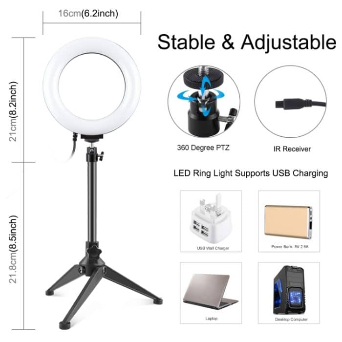 PULUZ 6,2 Zoll 16 cm RGBW-Licht + Desktop-Stativhalterung + USB-dimmbare LED-Ring-Vlogging-Fotografie-Videoleuchten mit Kaltschuh-Stativ-Kugelkopf und Fernbedienung, Tripod Mount + 6.2 inch RGBW / Remote – Bild 3