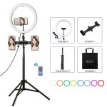 PULUZ 11,8 Zoll 30 cm RGBW-Licht + 1,65 m Halterung + zwei Telefonhalterungen mit gebogener Oberfläche, RGBW-dimmbarer LED-Ring, Selfie-Vlogging-Licht, Live-Übertragungs-Kits mit Kaltschuh-Stativadapter, Telefonklemme und Fernbedienung...