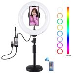 PULUZ 7,9 Zoll 20 cm RGBW-Licht + runder Sockel, Tischmontage, dimmbare LED-LED mit zwei Farbtemperaturen, gebogener Lichtring, Vlogging, Selfie-Fotografie, Videoleuchten mit Telefonklemme, 7.9 inch + Round Mount