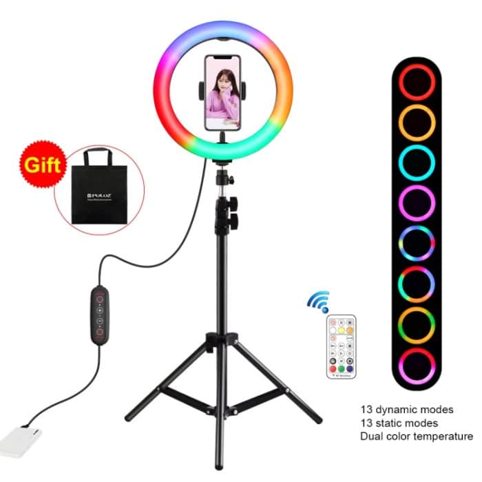 PKT3081B.jpg PULUZ 10,2 Zoll 26 cm Festzelt-LED-RGBWW-Selfie-Beauty-Licht + 1,1 m Stativhalterung, 168 LEDs, zweifarbige, temperaturdimmbare Ring-Vlogging-Fotografie-Videoleuchten mit Kaltschuh-Stativ-Kugelkopf, Fernbedienung und Telefonklemme... – Bild 1