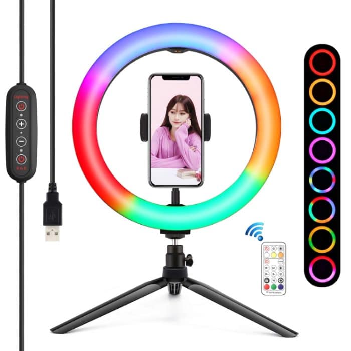 PKT3082B.jpg PULUZ 10,2 Zoll 26 cm Festzelt-LED-RGBWW-Selfie-Beauty-Licht + Desktop-Stativhalterung, 168 LEDs, zweifarbige, temperaturdimmbare Ring-Vlogging-Fotografie-Videoleuchten mit Kaltschuh-Stativ-Kugelkopf, Fernbedienung und Telefonklemme... – Bild 1