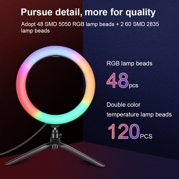 PULUZ 10,2 Zoll 26 cm Festzelt-LED-RGBWW-Selfie-Beauty-Licht + Desktop-Stativhalterung, 168 LEDs, zweifarbige, temperaturdimmbare Ring-Vlogging-Fotografie-Videoleuchten mit Kaltschuh-Stativ-Kugelkopf, Fernbedienung und Telefonklemme... – Bild 8