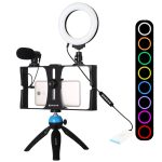 PULUZ 4-in-1-Vlogging-Liveübertragungs-Smartphone-Video-Rig + 4,7-Zoll-12-cm-RGBW-Ring-LED-Selfie-Licht + Mikrofon + Taschenstativ-Montagekit mit Kaltschuh-Stativkopf, 4-in-1, 4-in-1 RGBW Ring LED