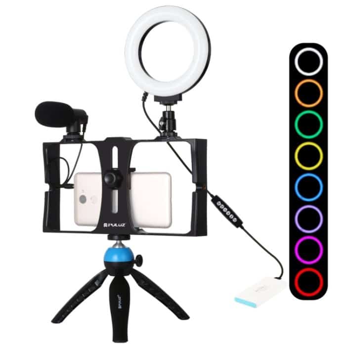 PKT3085L.jpg PULUZ 4-in-1-Vlogging-Liveübertragungs-Smartphone-Video-Rig + 4,7-Zoll-12-cm-RGBW-Ring-LED-Selfie-Licht + Mikrofon + Taschenstativ-Montagekit mit Kaltschuh-Stativkopf, 4-in-1, 4-in-1 RGBW Ring LED – Bild 1