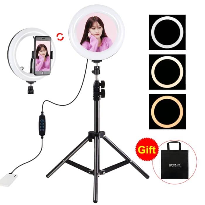 PULUZ 7,9 Zoll 20 cm Spiegelleuchte + 1,1 m Stativhalterung, USB, 3 Modi, dimmbar, Dual-Farbtemperatur, gebogener LED-Lichtring, Vlogging, Selfie, Fotografie, Videoleuchten mit Spiegel und Telefonklemme, 7.9 inch Mirror Light + 1.1m Mount – Bild 1