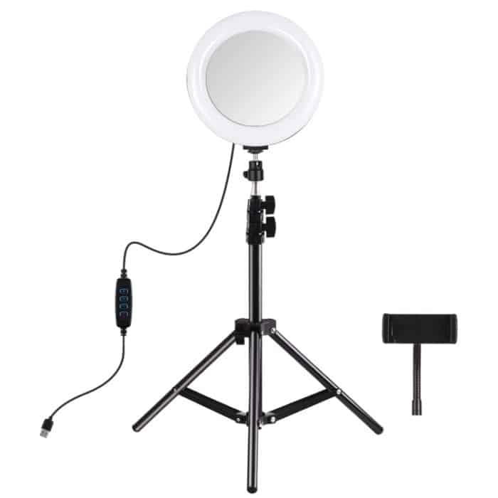 PULUZ 7,9 Zoll 20 cm Spiegelleuchte + 1,1 m Stativhalterung, USB, 3 Modi, dimmbar, Dual-Farbtemperatur, gebogener LED-Lichtring, Vlogging, Selfie, Fotografie, Videoleuchten mit Spiegel und Telefonklemme, 7.9 inch Mirror Light + 1.1m Mount – Bild 2