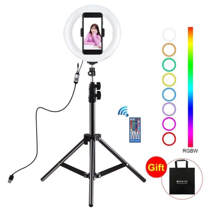 PKT3088B.jpg PULUZ 7,9 Zoll 20 cm USB-RGB-Licht + 1,1 m Stativmontage, dimmbare LED-LED mit zwei Farbtemperaturen, gebogener LED-Lichtring, Vlogging, Selfie-Fotografie, Videoleuchten mit Telefonklemme, 7.9 inch RGBWW + 1.1m Mount – Bild 1