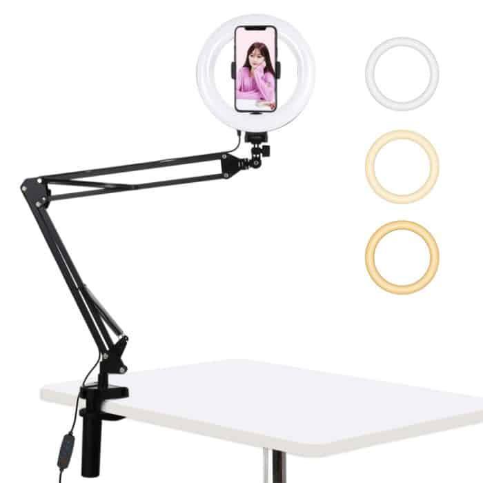 PULUZ 7,9 Zoll 20 cm gebogenes Ringlicht + Tischarmständer USB 3 Modi Dimmbare Dual-Farbtemperatur-LED-Vlogging-Selfie-Fotografie-Videoleuchten mit Telefonklemme, 7.9 inch+Arm Stand – Bild 1