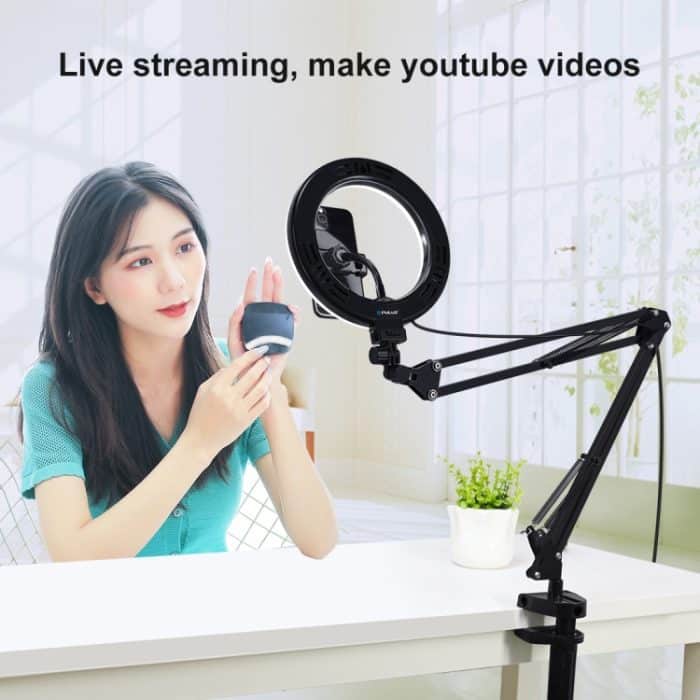 PULUZ 7,9 Zoll 20 cm gebogenes Ringlicht + Tischarmständer USB 3 Modi Dimmbare Dual-Farbtemperatur-LED-Vlogging-Selfie-Fotografie-Videoleuchten mit Telefonklemme, 7.9 inch+Arm Stand – Bild 12
