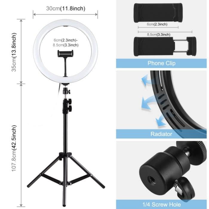 PULUZ 11,8 Zoll 30 cm Licht + 1,1 m Stativhalterung Gebogene Oberfläche Typ C 3 Modi Dimmbarer LED-Ring mit zwei Farbtemperaturen Vlogging-Videolicht Live-Übertragungskits mit Telefonklemme, Type-C 11.8 inch + 1.1m – Bild 3